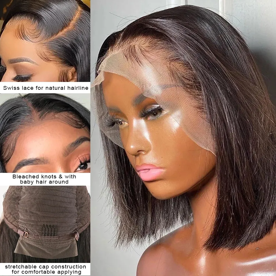 Bob Wig Dantel Ön Brezilya İnsan Saç Perukları Siyah Kadınlar İçin Önceden Kazanmış Kısa Doğal 13x4 Sentetik Düz HD Tam Frontal Kapatma
