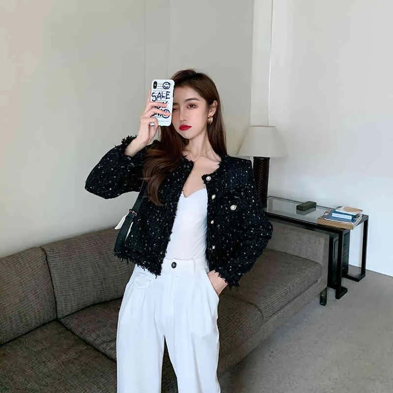 Autumn women Tweed Jacket high quality Small Fragrance Pearl single breasted Women Korean Short Elegant Coat 210518