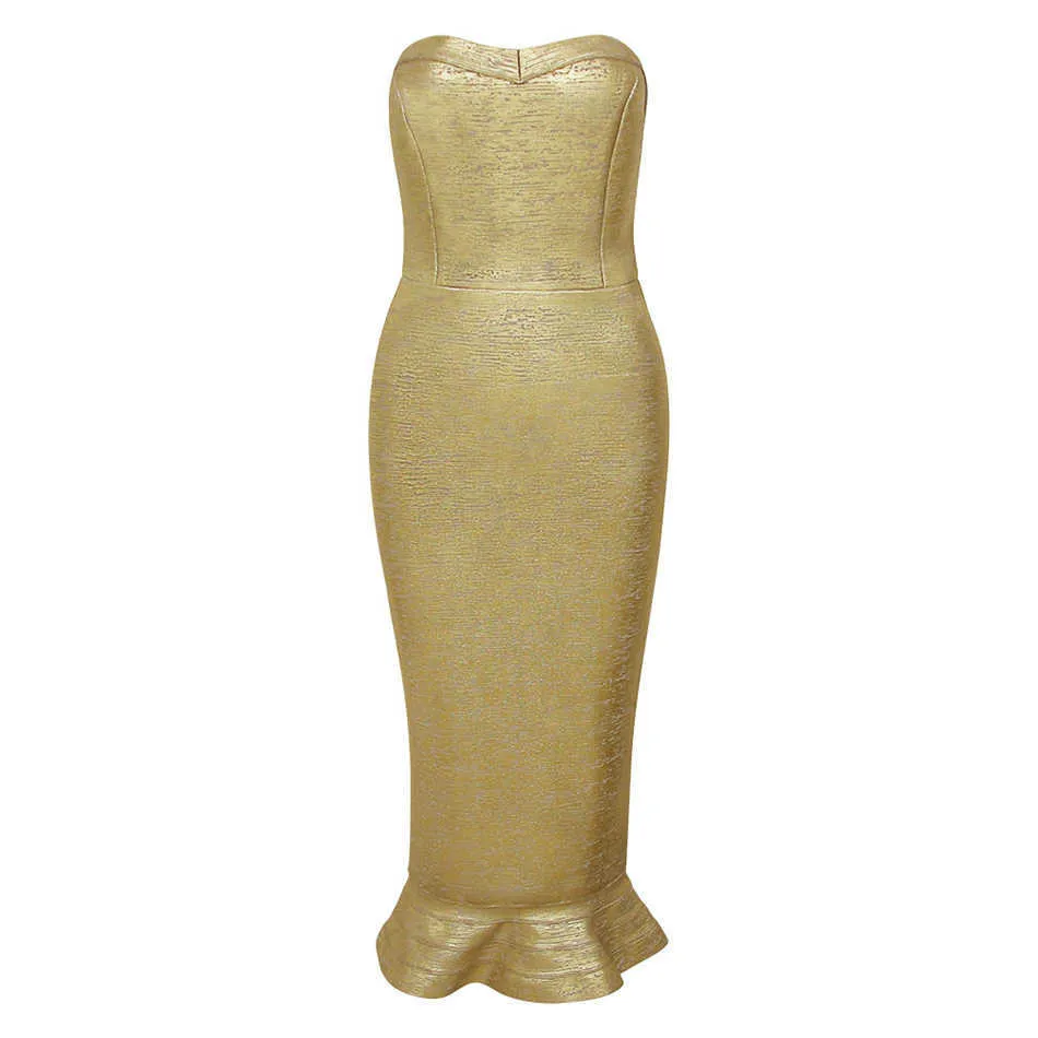 Summer Women'S Bandage Bodycon Dress Rayon Sexy Golden Strapless Fishtail Celebrity Party Vestidos 210527