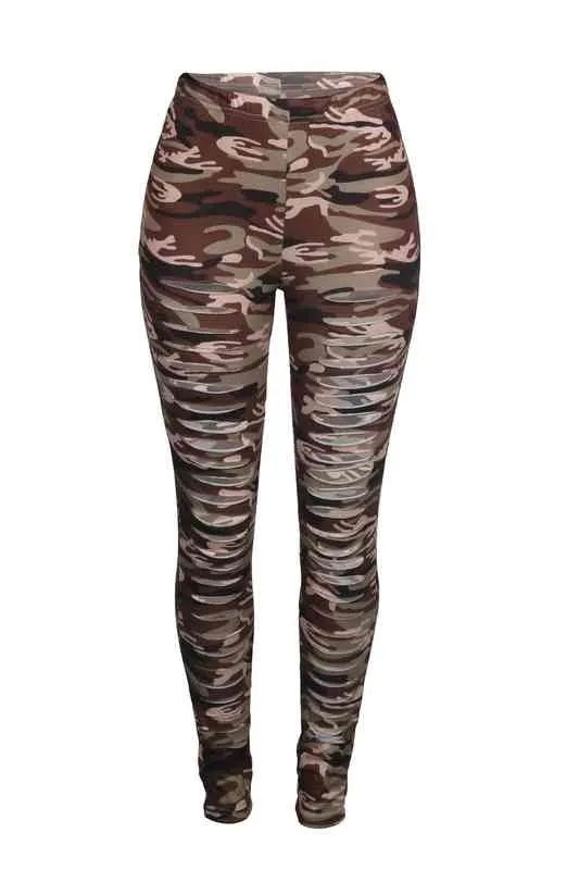 Fashion Personality Of Hole Pants Burnt Camouflage Tight Pants Women's Trousers & Pants