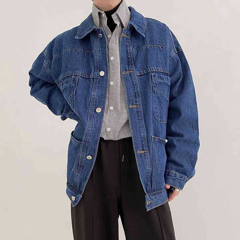 IEFB Dunkelblau Denim Jacke Männer Lose Fit Übergroße Vintage Jeans Mantel Frühling Mode Streetwear Mans Kleidung 9Y6971 210524