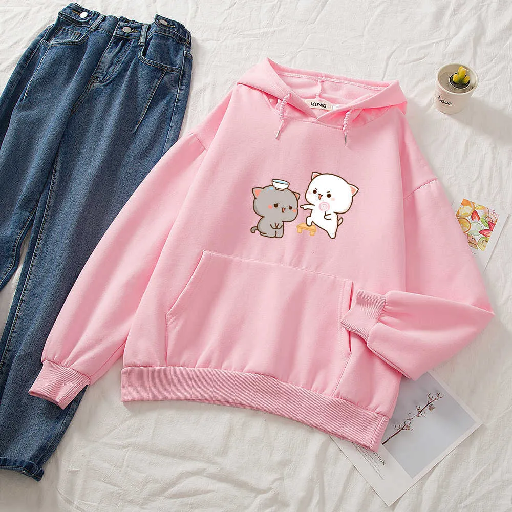 Tecknad katt hoodie hajuku roliga hoodies kvinnor ullzang söt koreansk stil höst vinter kawaii sweatshirt 90s hoody kvinnliga tjejer y0820