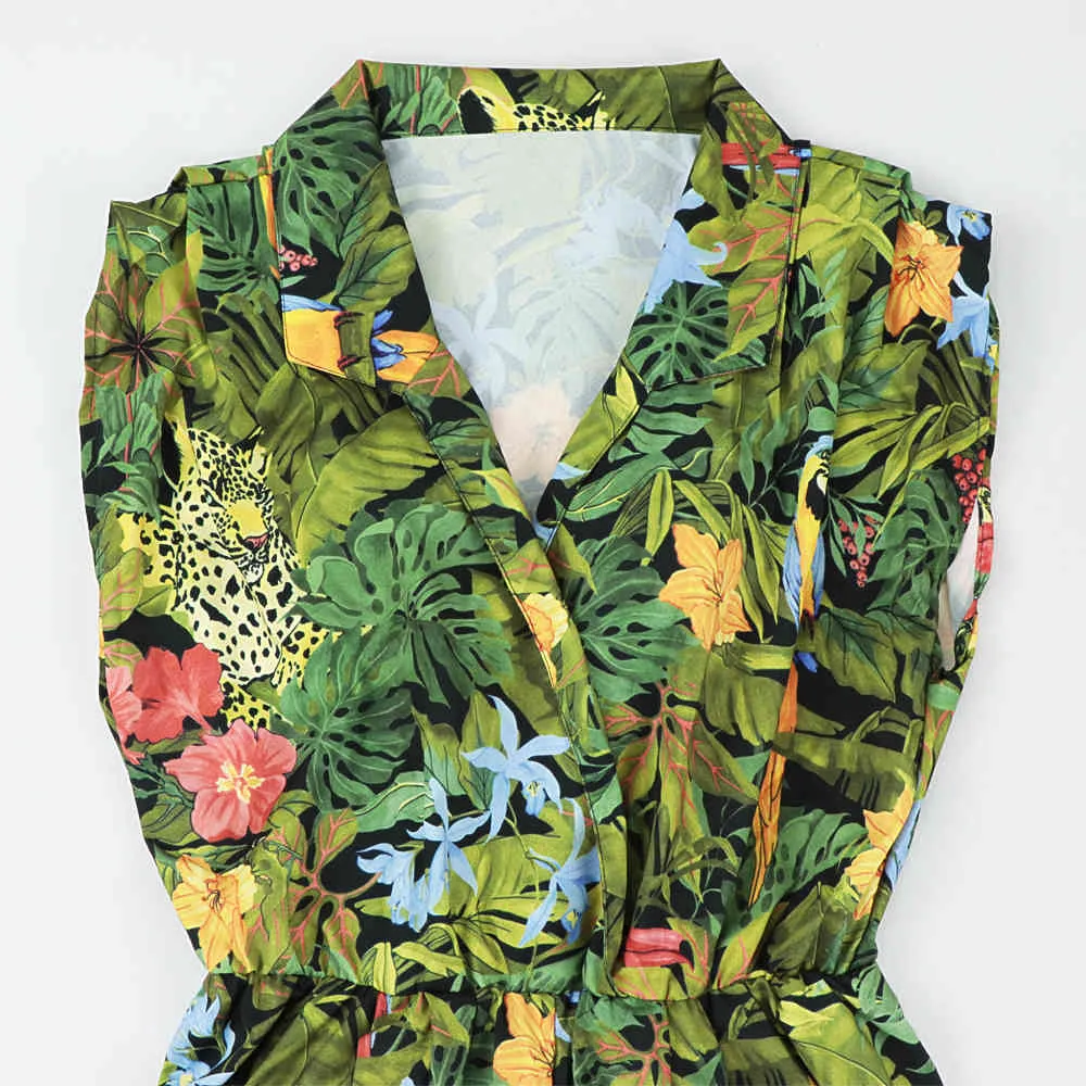 femmes fleur tropicale feuilles imprimer siamois barboteuses dames sans manches combinaisons décontracté taille élastique poche pantalon 210520