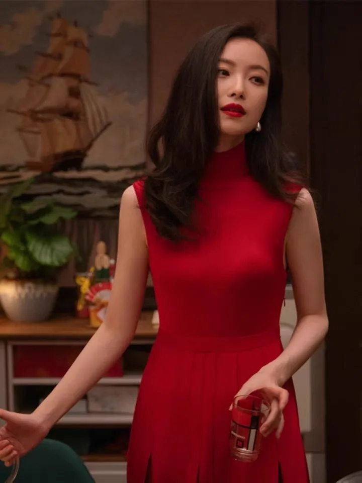 Designer de célébrités élégant col montant rouge sans manches plissé maxi A-ligne fête anniversaire robe vacances d'été dame femmes 210421