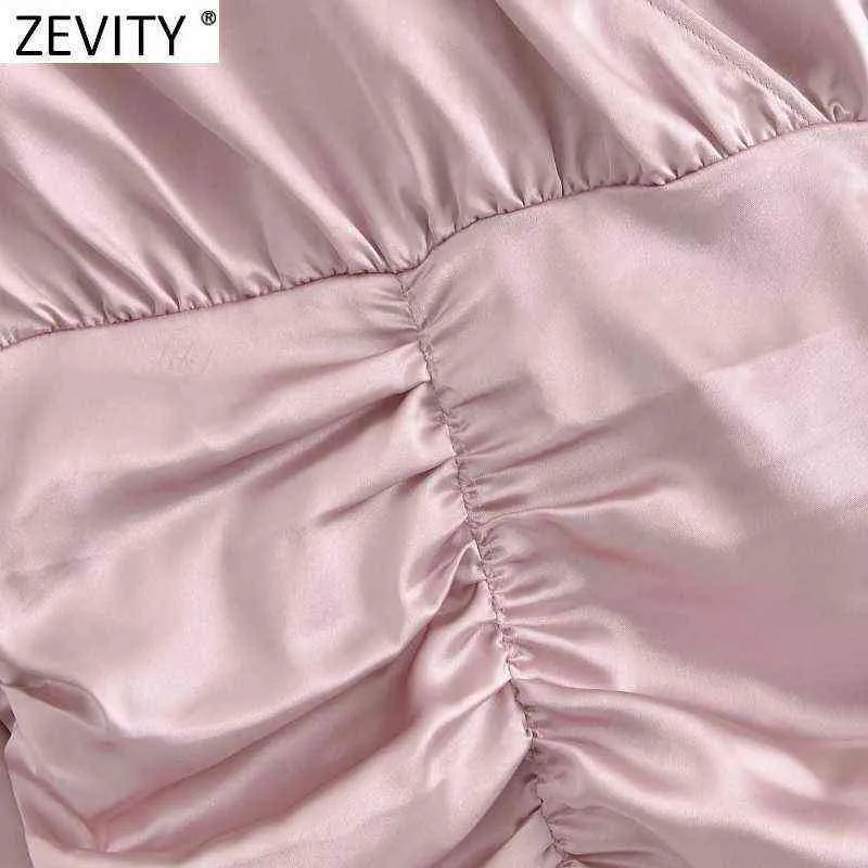 Zevenity Nieuwe Vrouwen Sweet Cross V-hals Roze Kleur Slanke Geplooide Mini Jurk Vrouwelijke Chic Lange Mouw Satijn Merk Party Vestidos DS9061 Y1204