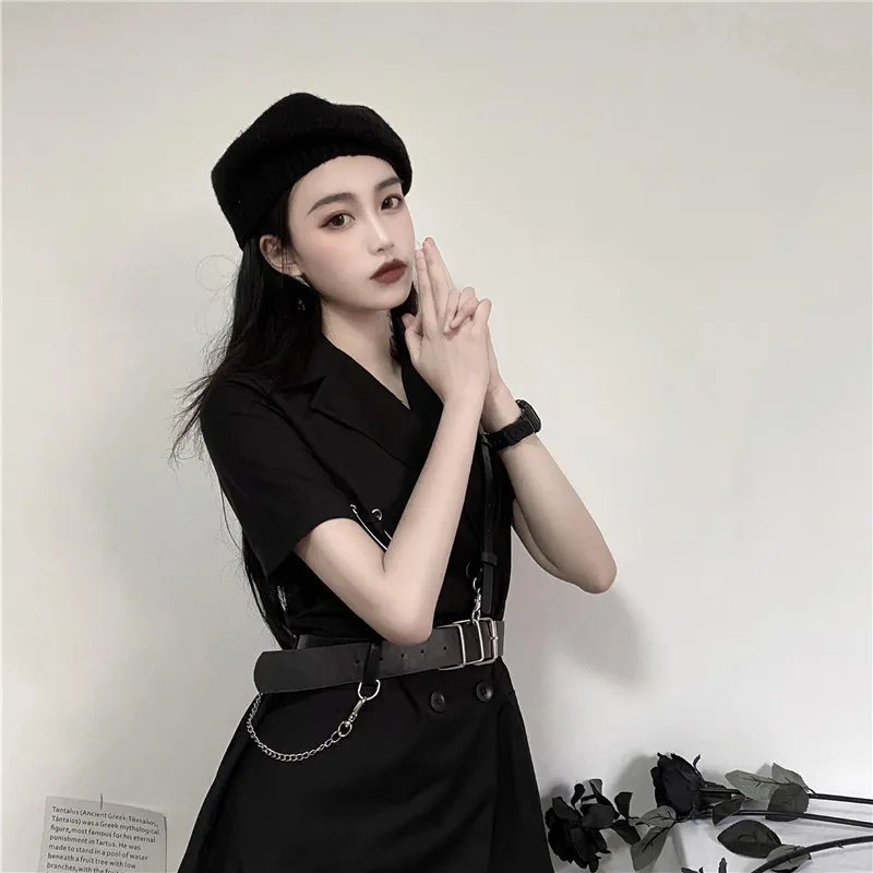 Harajuku Femmes Chaînes Gothiques Streetwear Noir Mode Robe Solide Ceinture Sexy Mini Robes Robes 17407 210415