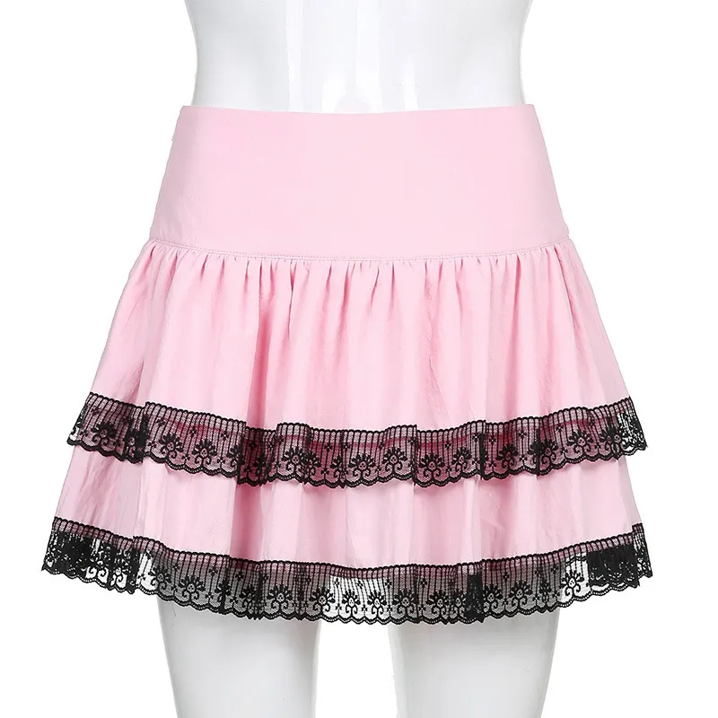 Black Lace Trim Y2K Harajuku Pink Pleated Skirt Women Preppy Style Kawaii High Waisted Short Skirts Ladies Double Layer Clothes 210517