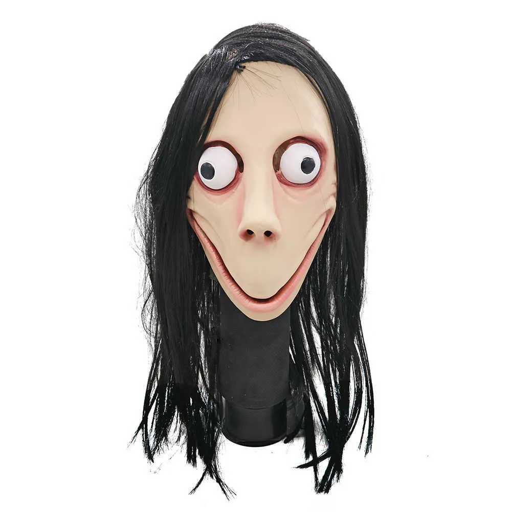 Masque Momo effrayant jeu de piratage masque en Latex d'horreur masque Momo tête complète grand oeil avec de longues perruques T200116195A