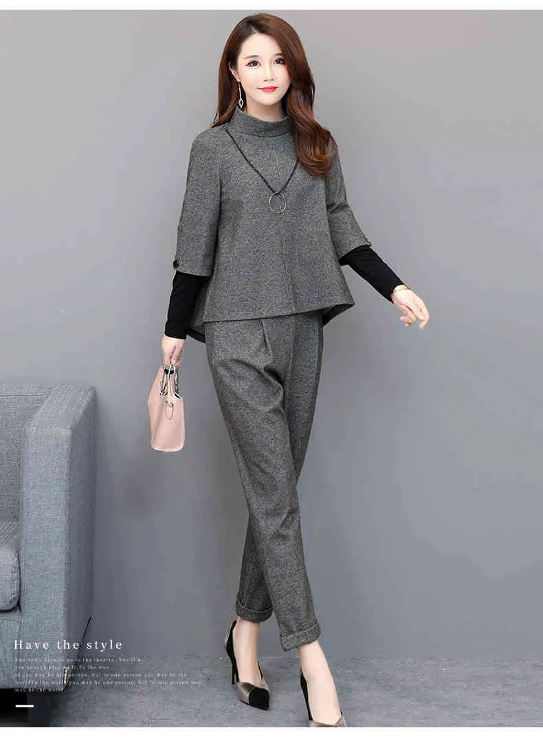 Autumn Grey Elegancka Dwuczęściowa Ustawia Stroje Kobiety Plus Size fałszywe dzieła Topy i Spodnie Dresy Biuro koreański Ladies 210514