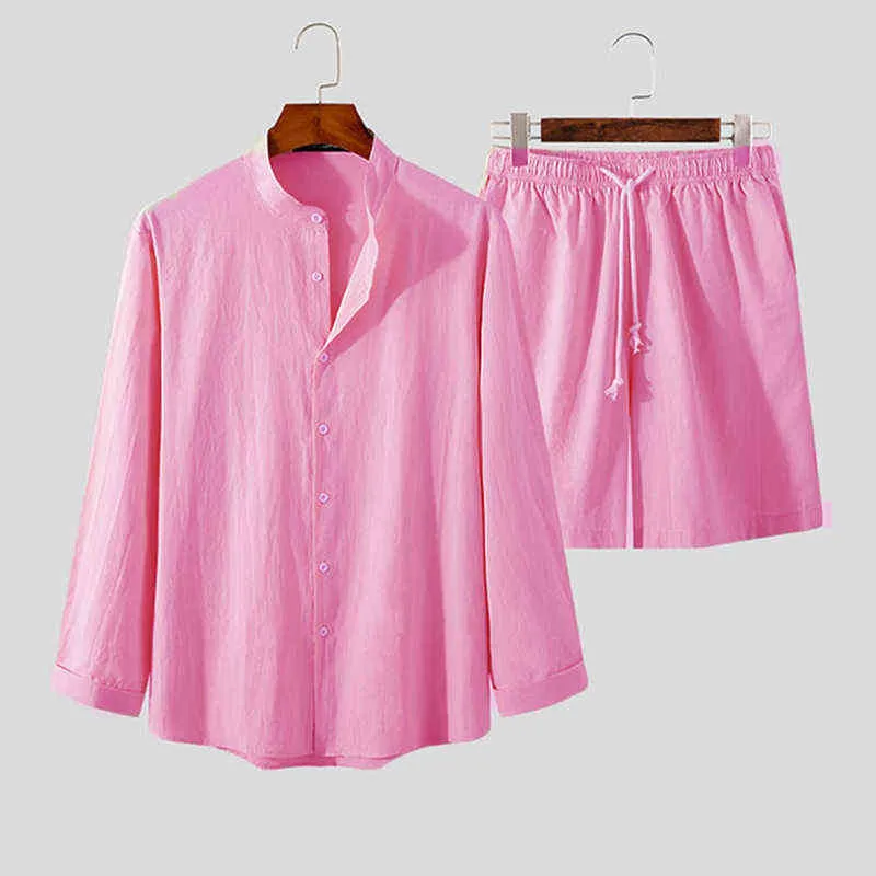 Casual Mens Cotton Linen Sets 2021 Autumn Fashion Solid Camicie a maniche lunghe e pantaloncini Abiti uomo Abiti a due pezzi Streetwear G1222