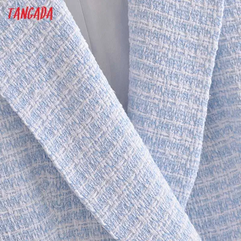 Tangada Women Fashion Blue White Plaid Tweed Blazer Coat Vintage Double Breasted Female Office Lady Chic Tops 3H91 210930