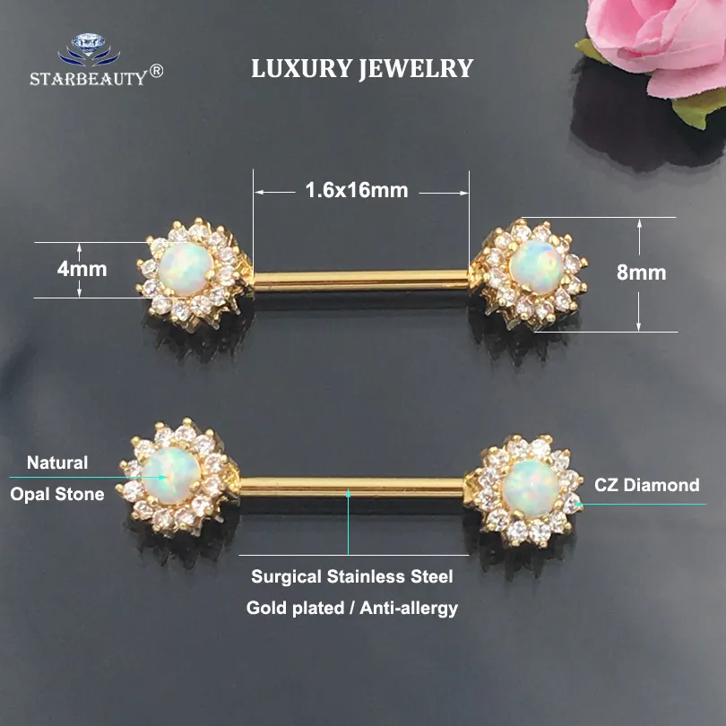 2 st / parti 14g Luxury Natural Opal Ring Tongue Nippel Piercing Shield Rose Gold Färg Rostfritt Stål Barbell Sexiga Smycken