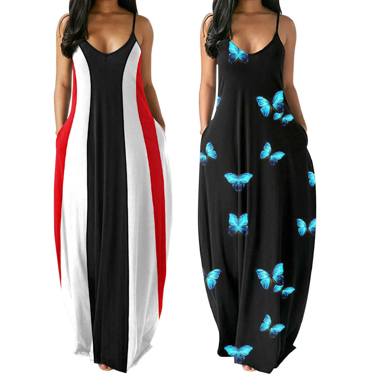 여성 풀오버 롱 드레스 어깨 해변 휴가 파티 착용 robe 플러스 사이즈 여름 섹시한 V 넥 나비 인쇄 민소매 Y1006