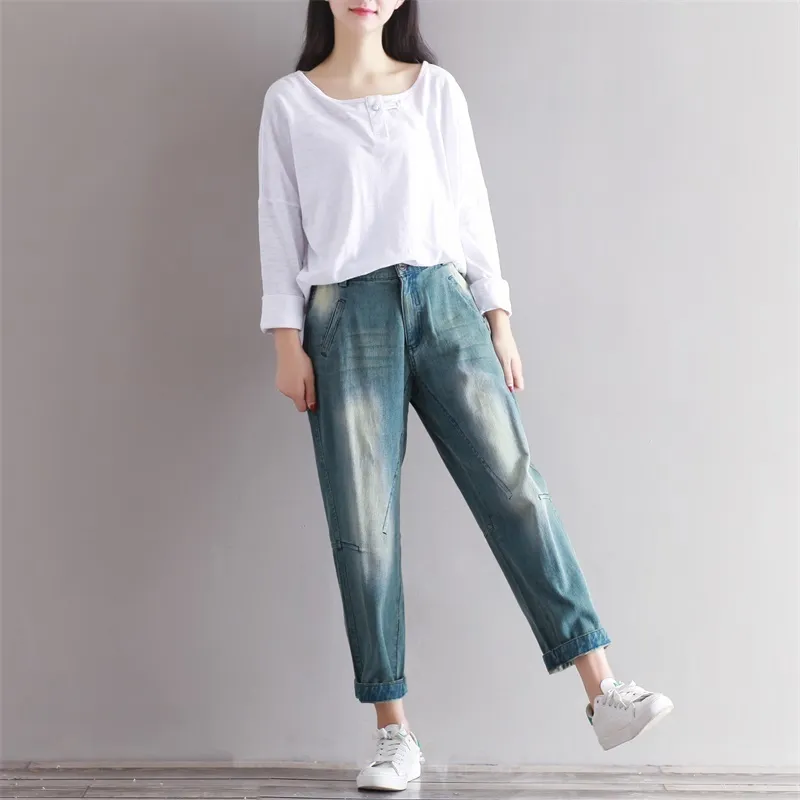 Jesień Kobiety Casual Mori Dziewczyna Literacka Harem Spodnie Luźna Moda Solid Patchwork Denim Bawełniany Spoder Plus Rozmiar 210520