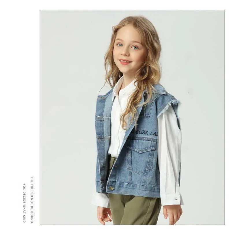 Frühling Teenager Mädchen Jungen Denim Weste Weste Dünne Feste Farbe Offenen Stich Mode Mantel Kinder Kleidung E1367 210610