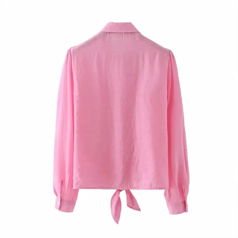 Kobiety Patch Pocket Hem Lace Up Różowy Krótka Koszula Kobieta Z Długim Rękawem Bluzka Casual Los Loose Tops Blusas S8795 210430