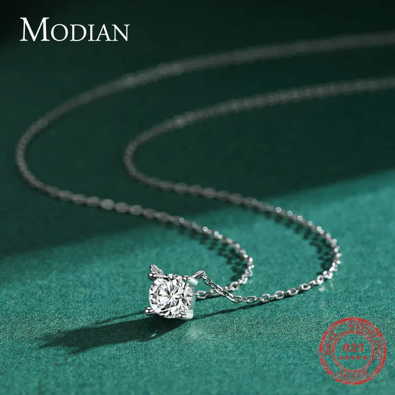 Modian Klassieke 925 Sterling Zilver Ronde Eenvoudige Clear CZ Ketting Kettingen Hanger Voor Vrouwen Bruiloft Engagement Statement Sieraden 21218S