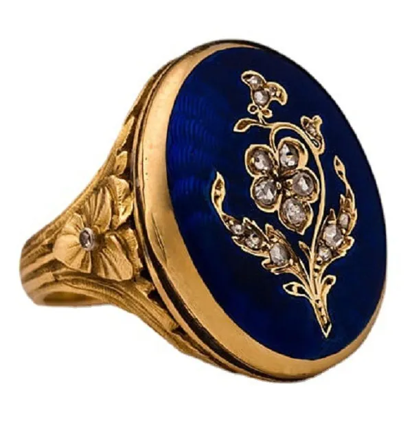 Викторианский винтажный 14 -километровый кольцо с золотым бриллиантом уникальная голубая розовая эмалевая эмалея ювелирные изделия для невесты.