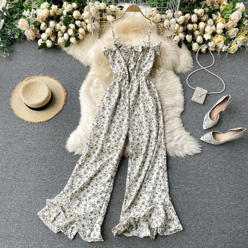 Singreiny Dames Floral Strap Jumpsuits Zomer Ontwerp Mode Mouwloze Rompertjes Sexy Off Shoulder Ruches Wide Poot Long Rompertjes 210419