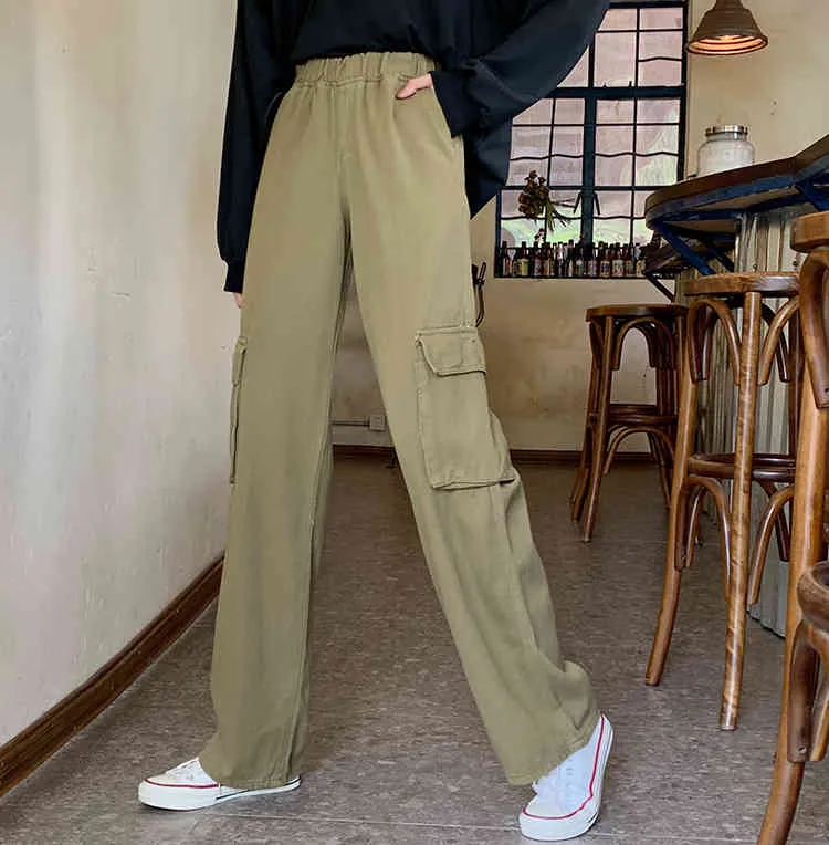 damskie wysokiej elastyczne Wiast Jeans Streetwear Pocket Szerokie nogi Dżinsy Spodnie damskie Luźne Długie Spodnie Kobieta F8026 210423