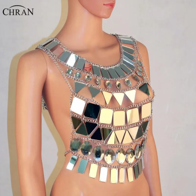 Chran Mirror Perspex Crop Top Chain Mail Bra Halter Necklace Body Lingerie Metallic Bikini Jewelry Burning Man EDM Accessories Cha2823