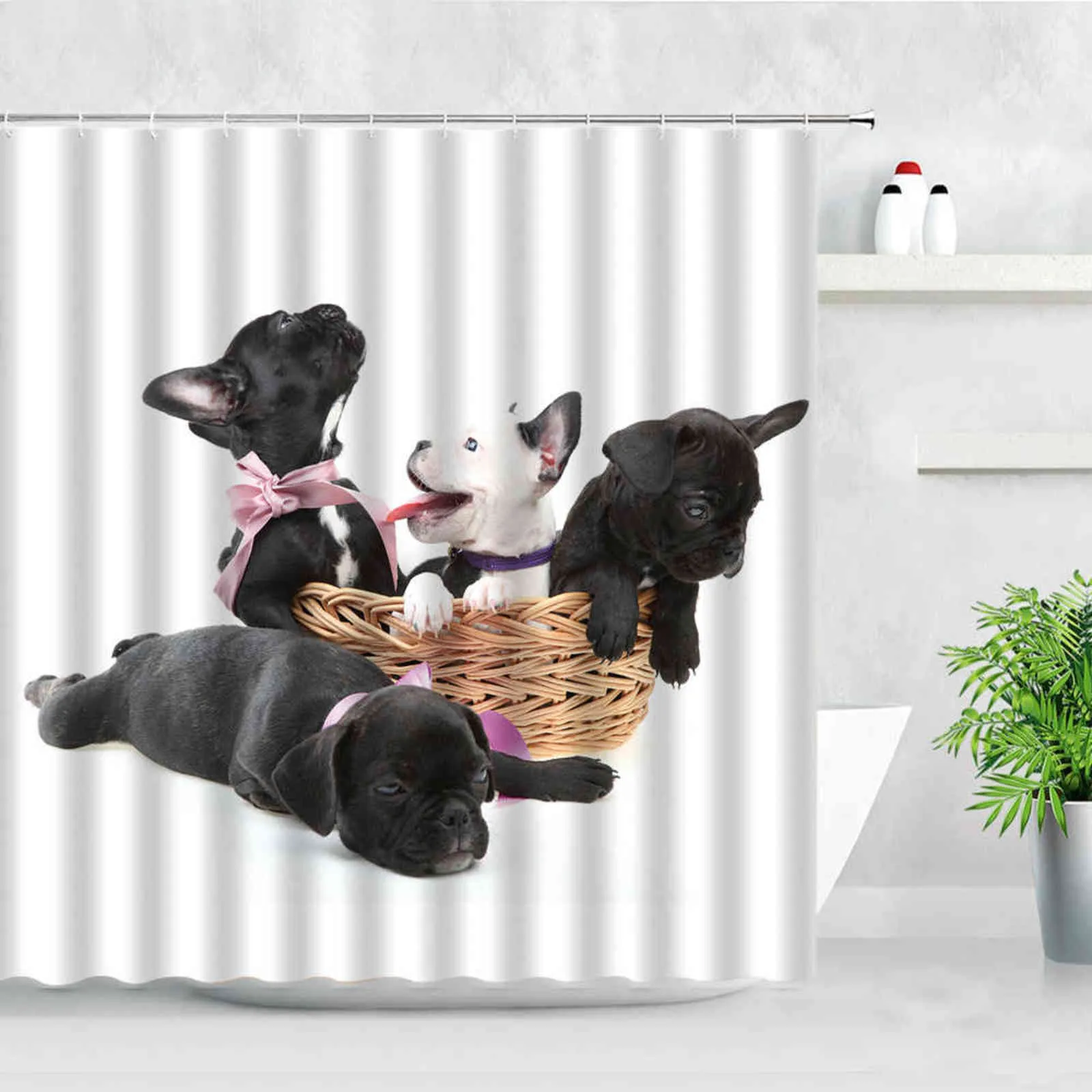 Rideaux de douche de chien mignon Noir Animaux drôles Français Bulldog Modèle 3D Imprimer Blanche Home Home Hooks Hooks Crochets de rideau de bain Jeux de rideaux de bain 211116