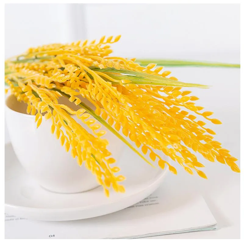 زهور الزهور الزهور أكاليل 5Forks محاكاة آذان القمح الذهبي الأرز النبات الاصطناعي ترتيب زهرة المعيشة غرفة نوم WE223E