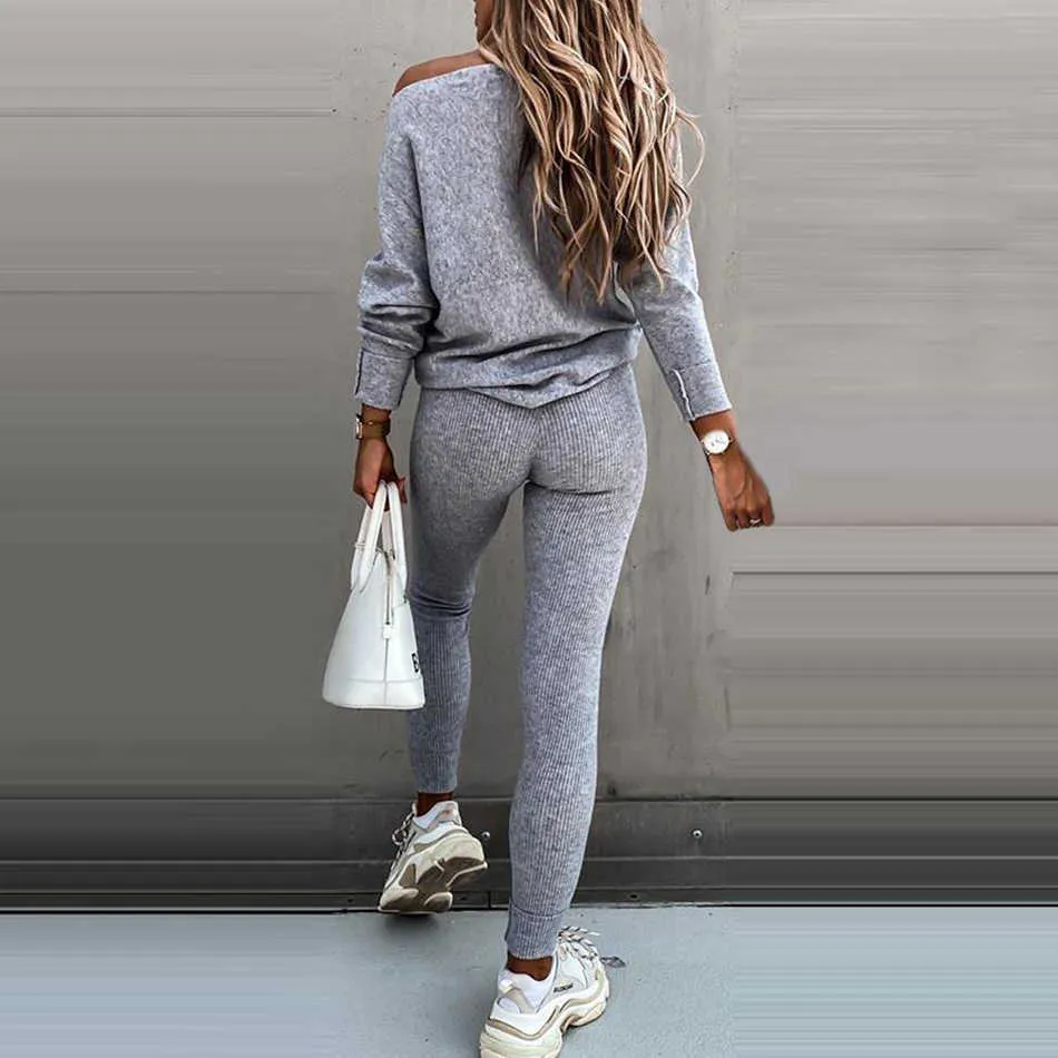 Donna Tinta unita Casual a due pezzi Sexy Pullover a maniche lunghe con spalle scoperte Top Pantaloni sportivi con lacci Abito autunno 210527