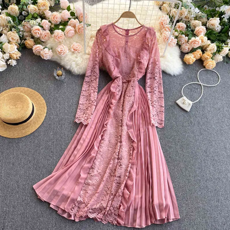 Wiosna Moda Francuski Retro Vestidos Kobiet Okrągły Neck Mesh Hak Kwiat Plisowany ucho Suknia Midi Dress C729 210506