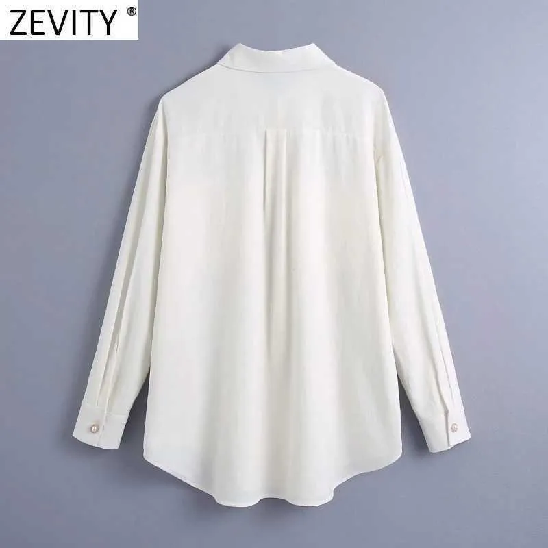 Zevenity Spring Dames Vintage Dubbele Zakken Pearl Knoppen Smock Blouse Office Dames Breasted Shirts ChiCh Blusas Tops LS7509 210603