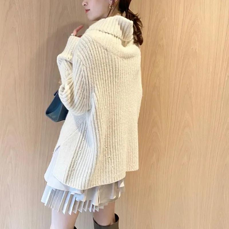 Kuzuwata Autumn Women's Clothing High Neck Long Sleeve Side Slit Knitted Sweater Tops Ruffled Pleated Sling Dress Sets 220302