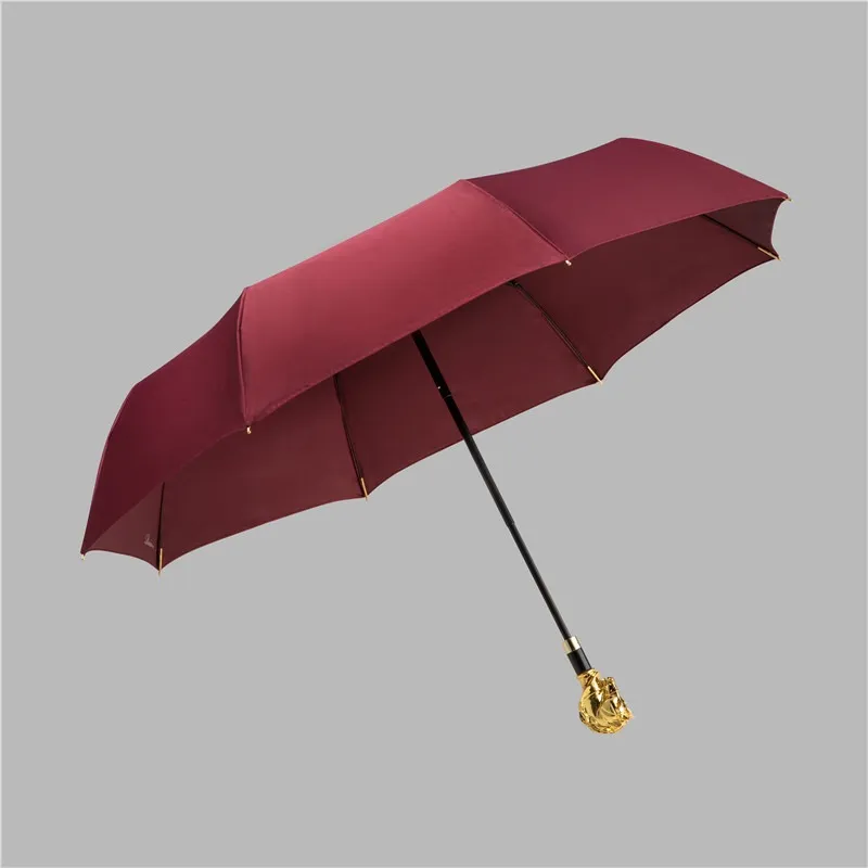 Creative triple coupe-vent parapluie femmes et hommes cadeaux métal parapluie tête poignée animal cheval tête pliant pluie parapluie