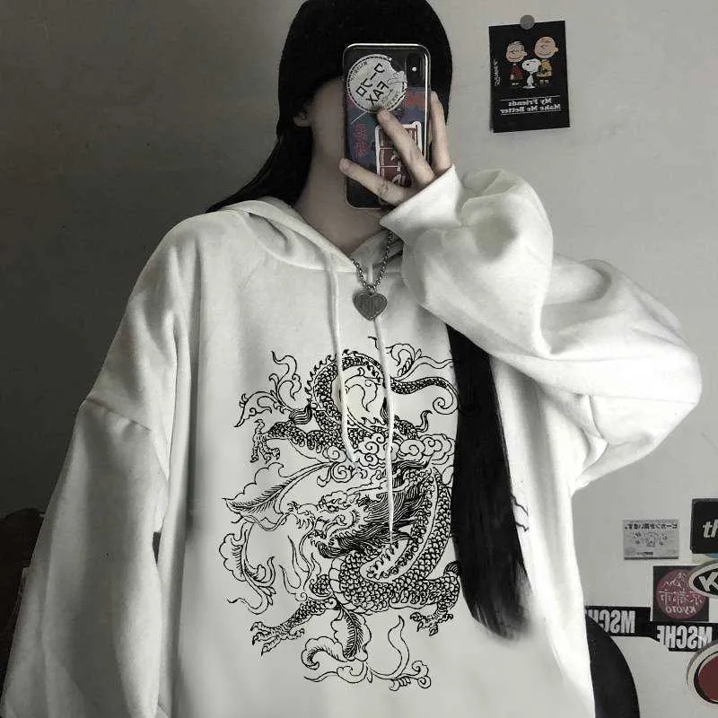 Dragon Print style chinois Harajuku Retro Swag hoodie Top Surdimensionné streetwear Unisexe kpop y2k Casual hoodies couple vêtements 210927