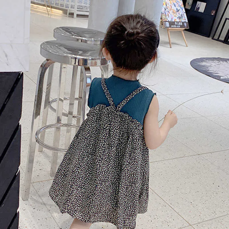 Summer Girls Dress Korean Style Fake Two-Piece Floral Princess Baby Kids Clothes Children'S Clothing 210625