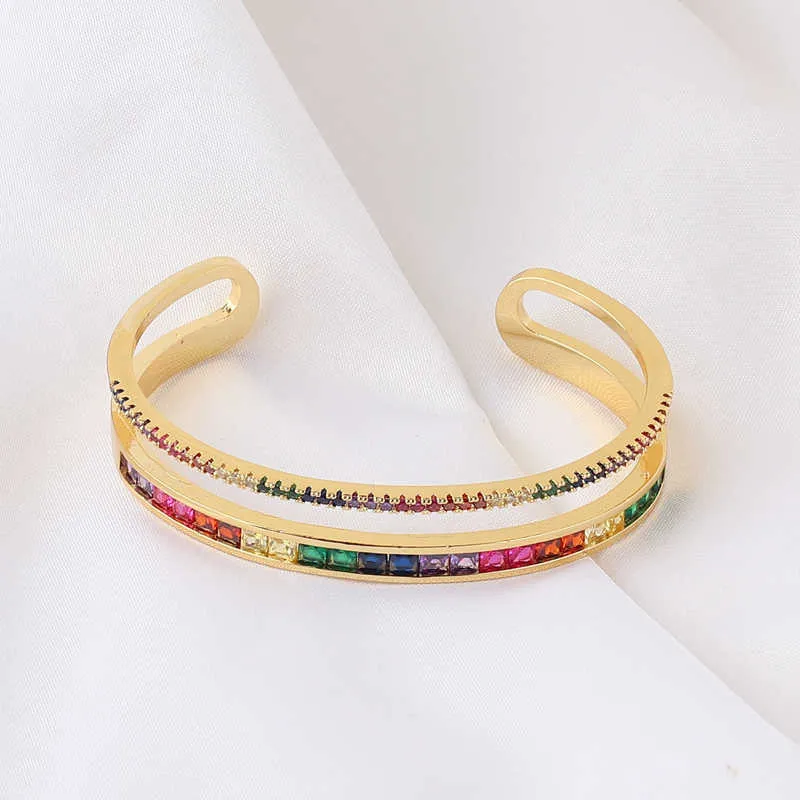 Bracciale rigido a doppio strato Bracciale rigido in rame color oro multi colore Braccialetti arcobaleno gioielli moda donna Q0717