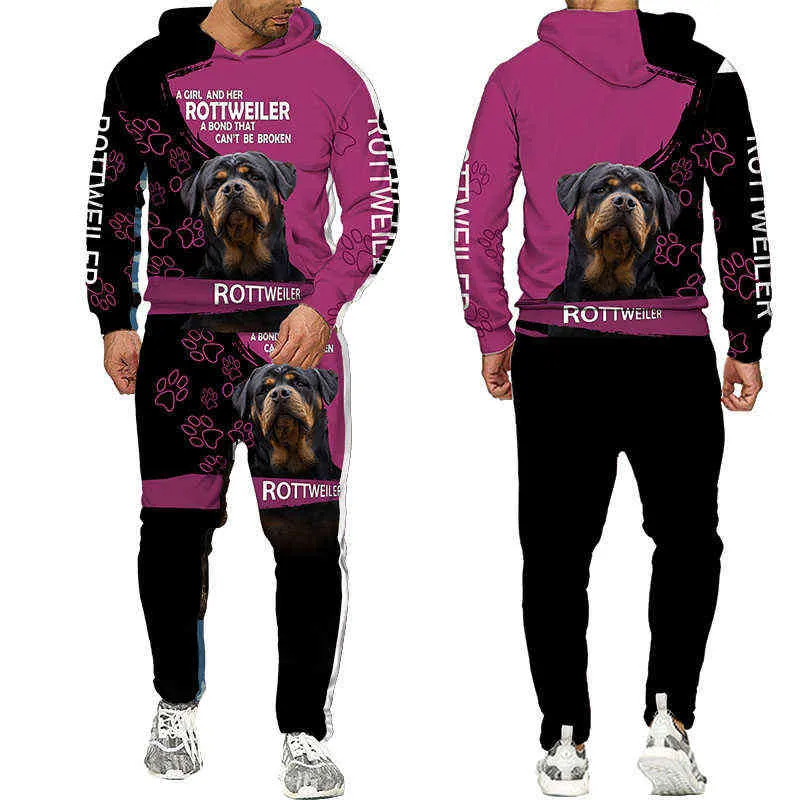 Rottweiler Cão 3D Impresso Capuz Sweatpants Masculino Outono Inverno Casual Sweastshirts Homens Tracksuit Conjunto Moda Masculina Vestuário Terno 211220