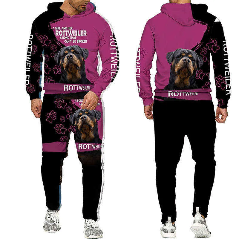 Rottweiler Köpek 3D Baskılı Hoodie Sweatpants Erkek Sonbahar Kış Rahat Sweashirts Erkekler Eşofman Seti Moda erkek Giyim Suit 211220