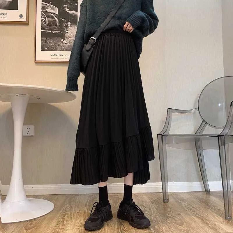 Faldas mujer moda cair coreano chique fino preto cintura alta pleated saias mulheres irregular babados cinza maxi saia vintage solta 210610