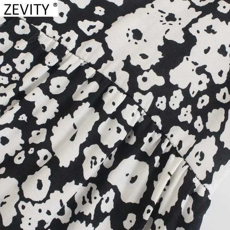 Zevity kvinnor vintage vit blommig tryck svart midi tröja klänning femme chic breasted kortärmad pleat casual slim vestido ds8509 210603