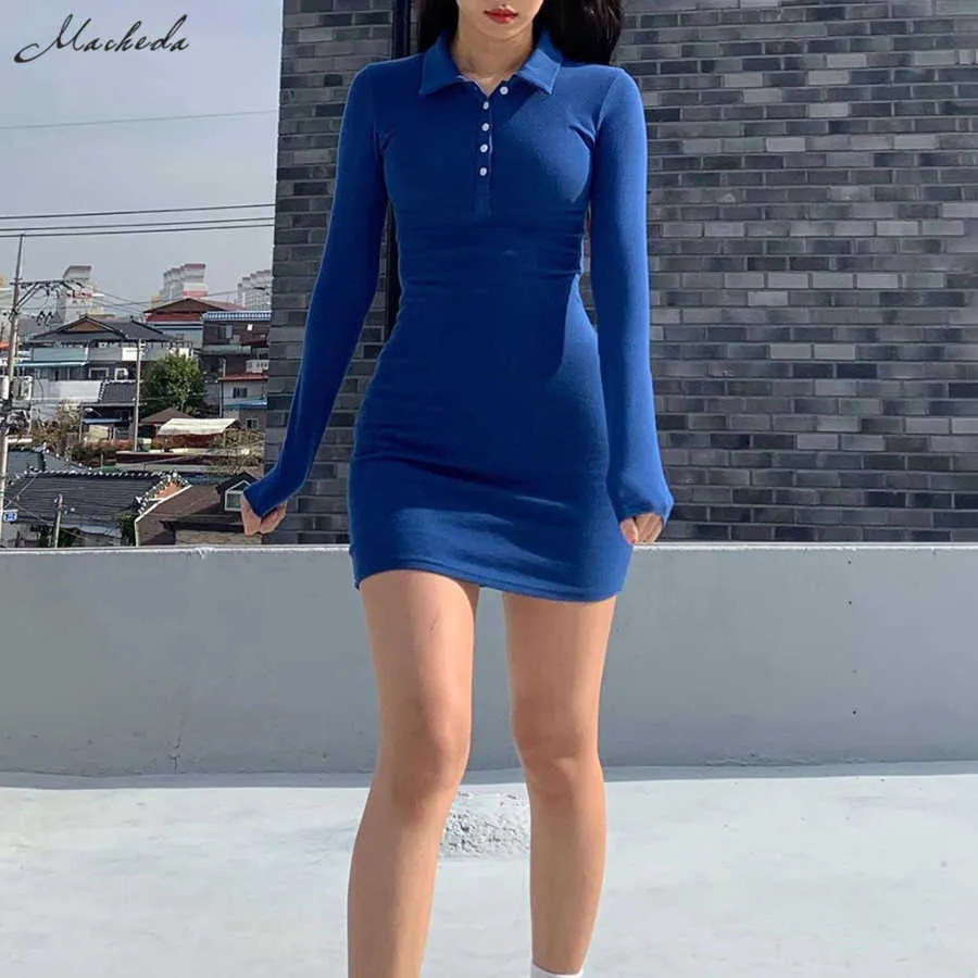 SHESTYLE Moda Polo Collar Blue Dress Mulheres Slim Bainha Botão Manga Longa Preto Mini Sólida Senhora Outfit Primavera Novo Y0823
