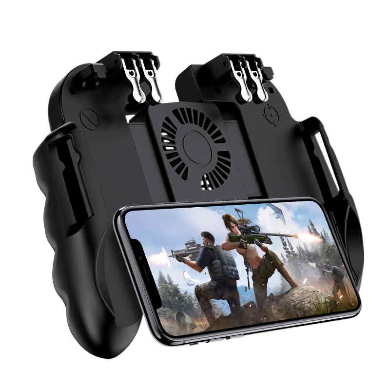 Sechs-Finger-All-in-One-Handy-Game-Controller, kostenloser Feuer-Tasten-Joystick mit coolem Lüfter, Gamepad L1 R1 PUBG Trigger 3 Typ