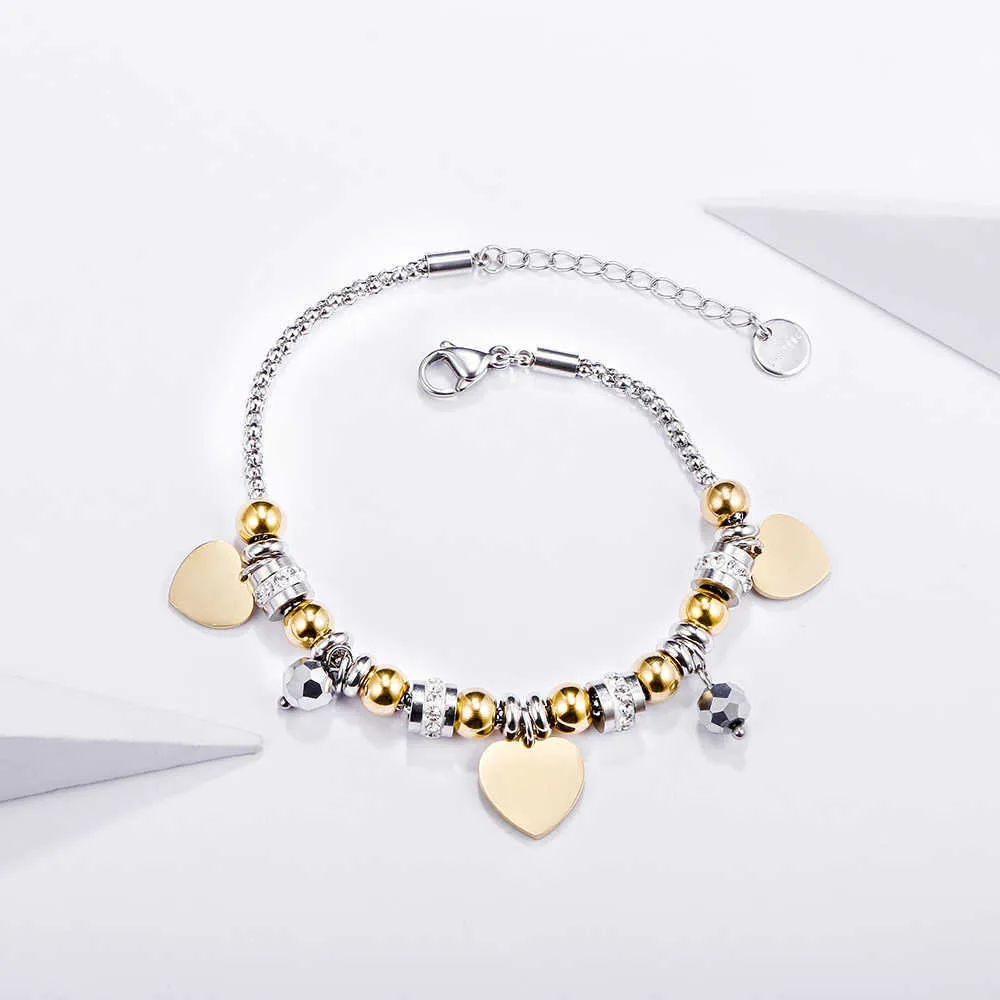 Love Charm Gold Bracelets Fashion Metal Beaded Crystal Stainless Steel Pulsera Heart Bracelet Jewelery for Women Girls Gifts Q0719