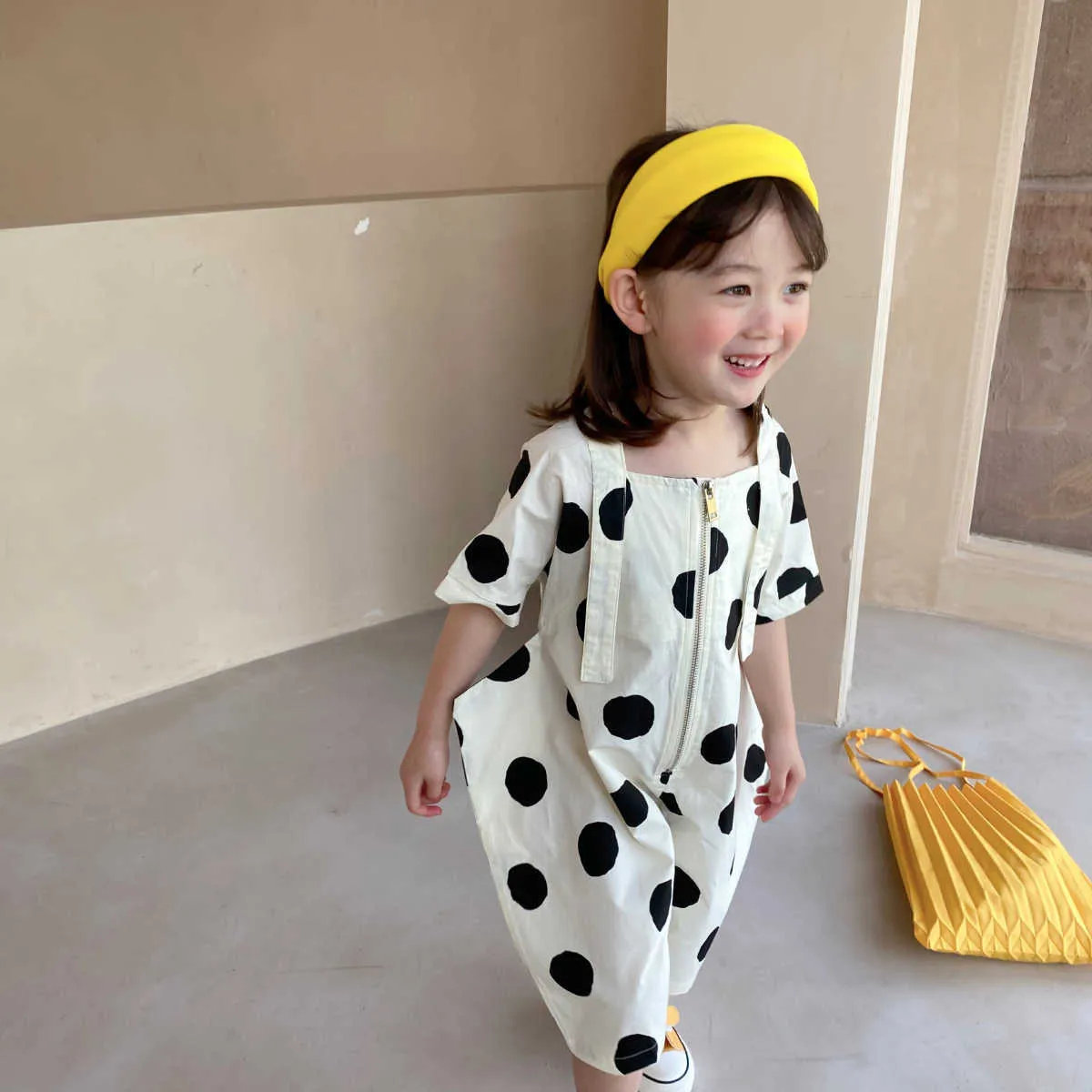 Summer fashion dot Plane shape loose short sleeve bodysuits Kids Children cotton wide leg jumpsuits 2-7Y 210615