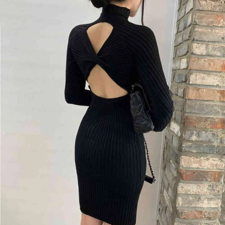 Free Black Knit Dress Arrival Women's Stand Collar Long Sleeve Bodycon Sexy Halter Club Party Vestidos 210524