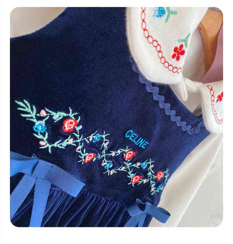 Ребёнок осень зима темно-синий маленький цветок вышивка платье принцессы для повседневной партии винтаж Англия испанский турецкий G1218