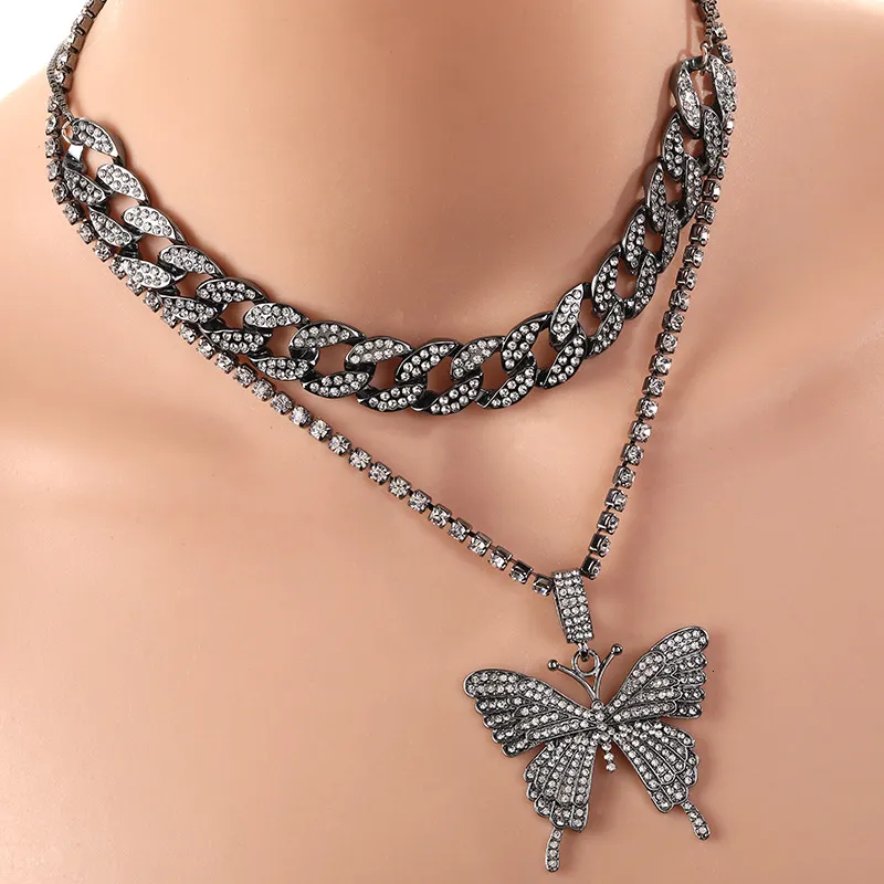 Collier géométrique micro incrusté de diamants exagéré pour femme, costume, chaîne cubaine, grand papillon, 238K