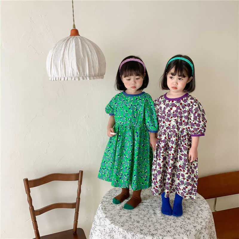 Koreaanse stijl schattige kinderen floral korte mouw jurk baby meisjes losse casual lange jurken 2-6Y 210615