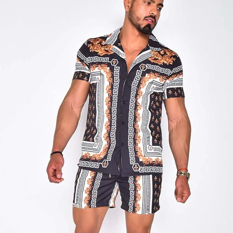 Summer Fashion Men's Shirts Sets Hawaiian Suits Printed Short Sleeved Button Shirt Shorts Casual Beach S-3XL