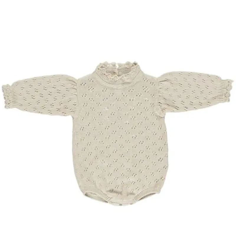 Outono bebê oco laço de algodão malha jumpsuit fundo fundo de rastejamento de camisola 210429