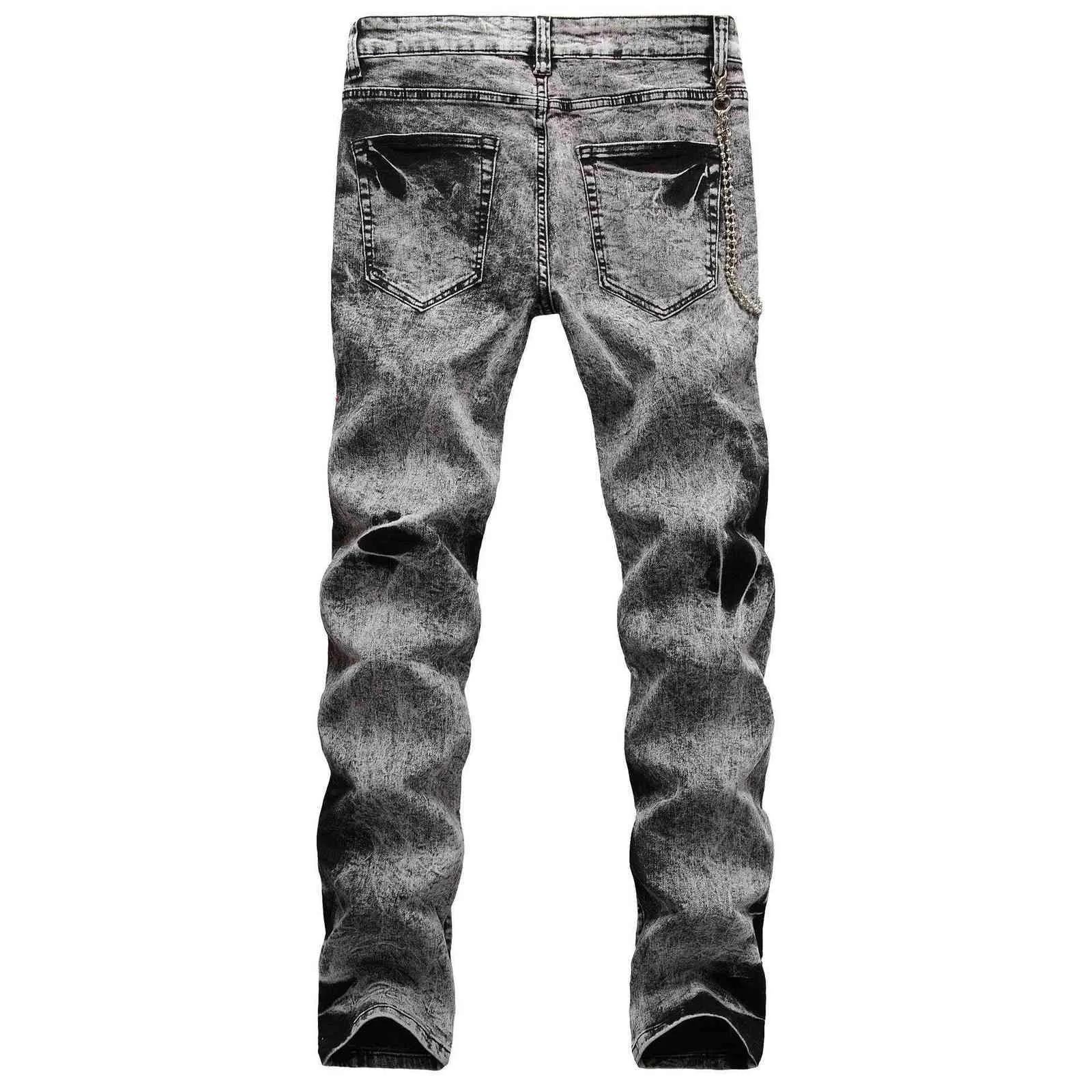Europeisk och amerikansk hög gata hip-hop retro hängande kedja dekoration snöflinga utskrift sträcka smala jeans byxor kläder x0621